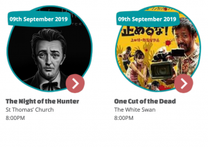 Composite image of thumbnails for Night of the Hunter and One Cut of the Dead shown at the Charlton and Woolwich Free Film Festival on Monday 9th September 2019