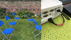 A composite of two photos. The left picture shows bright blue plastic chairs set out on grass for an open air film screening. The right shows the back end of a projector and DVD player with cables connected, on a green formica collapsible table.