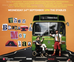 Poster for the BBC TV movie with an orange background and two disabled people, one in a wheelchair, standing in front og a green bus going to Tunbridge Wells