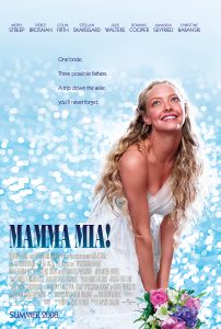 Poster for the film Mamma Mia! showing Amanda Seyfried in a white dress holding a floral bouquet against a glittering blue sea backdrop